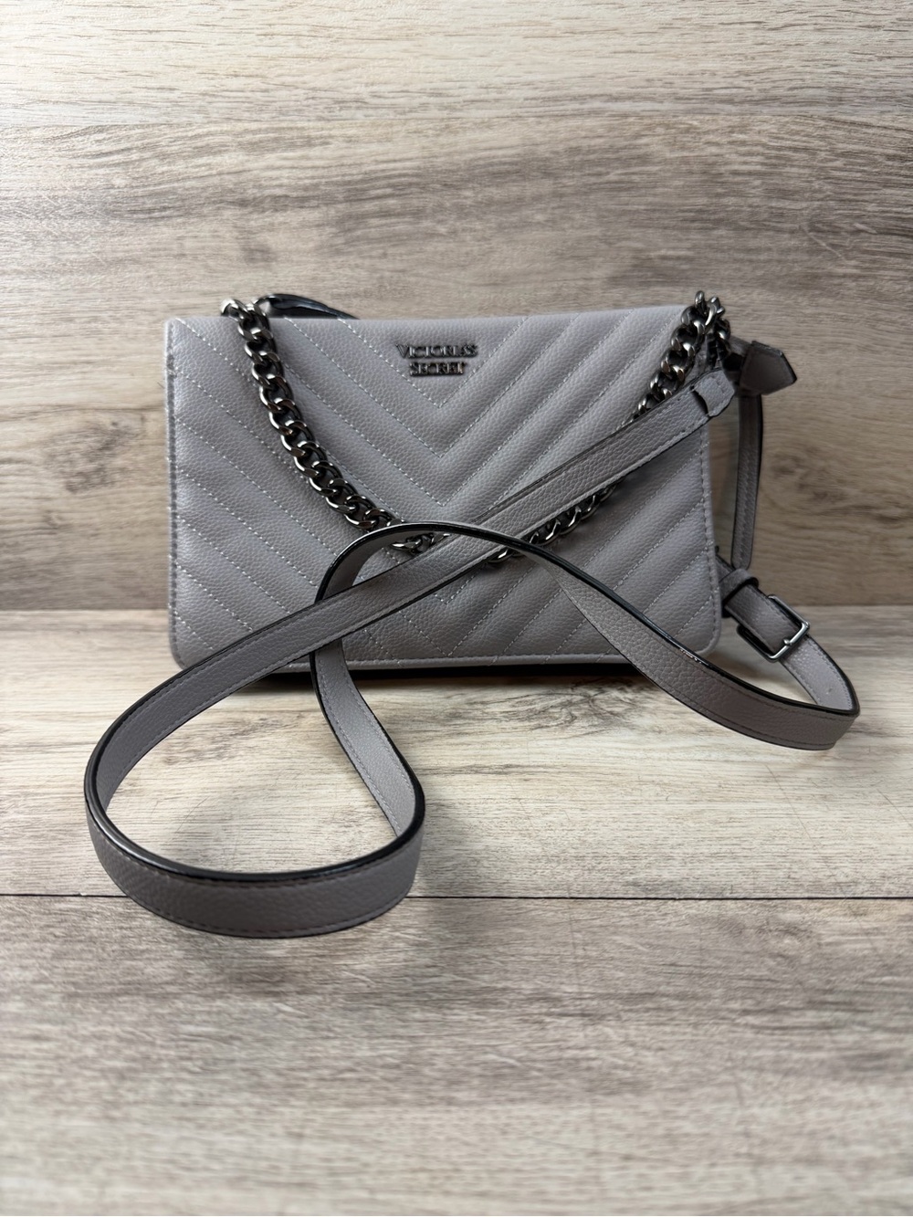 Victorias Secret Gray PU Leather Cross Body Chain Handle Purse Bag